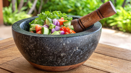 This image showcases a fresh vegetable salad in a stone bowl, complemented by a wooden pestle, set in a lush outdoor environment. Perfect for culinary inspiration.の素材