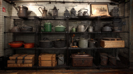 Explore a captivating display of vintage kitchenware featuring rustic cookware, antique containers, and unique utensils set against a historic backdrop.の素材