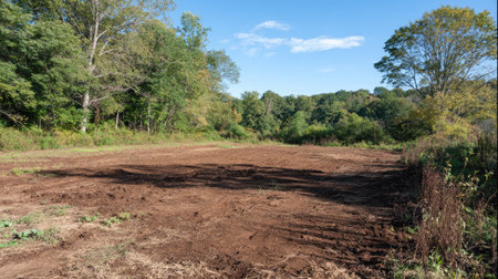 A vast cleared patch of land awaits new life, surrounded by vibrant green trees and set against a clear blue sky, embodying tranquility and potential.の素材