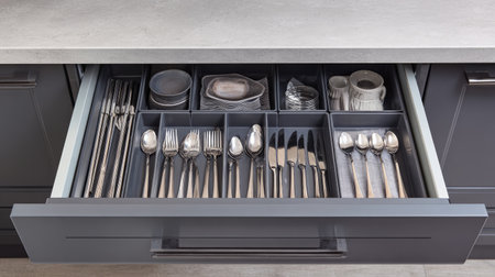 This image showcases an organized kitchen drawer featuring a variety of silver flatware, including spoons, knives, and forks, alongside neatly arranged dishware.の素材