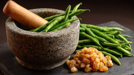Fresh green beans paired with sweet dried fruit in a stone mortar with pestle, perfect for culinary creations and healthy meals. A vibrant kitchen scene.の素材