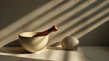 A serene composition featuring a soft bowl and wooden pestle casting gentle shadows in a minimalist kitchen setting, exuding warmth and elegance.の素材