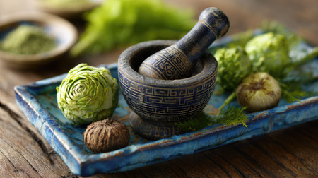 A beautifully arranged traditional mortar and pestle with fresh herbs and spices on a vibrant decorative plate, perfect for culinary enthusiasts.の素材
