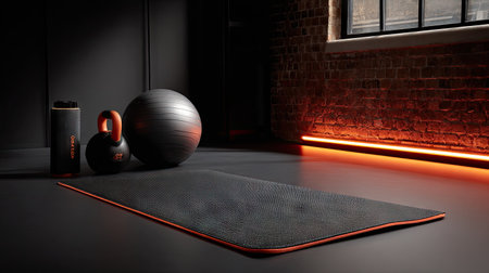Explore a contemporary fitness space featuring essential workout gear including a yoga mat, kettlebell, exercise ball, and water bottle, promoting health and wellness.の素材