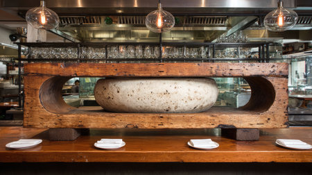 This image showcases a stylish restaurant with a rustic wooden cheese display featuring a large round cheese wheel, accentuated by glassware and hanging lights, perfect for culinary art enthusiasts.の素材