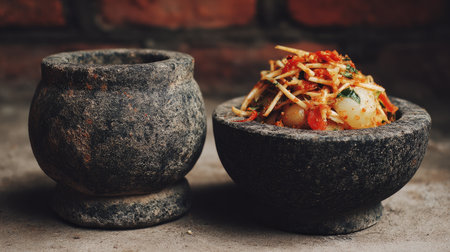 Capture the essence of traditional cooking with rustic stone bowls filled with a vibrant vegetable salad, garnished with fresh herbs and spices.の素材