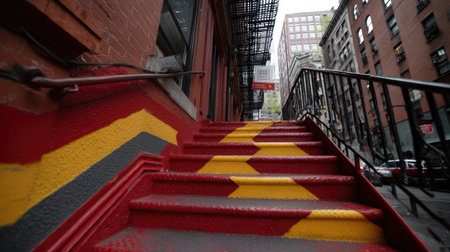 A striking image showcasing a set of colorful urban stairs painted in red, yellow, and gray, leading up to a building in a bustling city.の素材