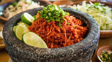 A vibrant and flavorful spicy salsa made from fresh ingredients, served in a traditional stone bowl. Lime slices add zest to the dish. Ideal for culinary projects.の素材