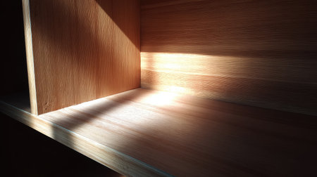 A serene wooden shelf bathed in soft morning light creates a warm and inviting atmosphere, perfect for cozy interior design inspiration and ideas.の素材