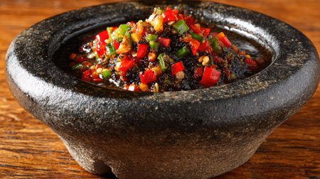 A vibrant and aromatic spicy condiment presented in a traditional stone bowl, showcasing fresh vegetables, herbs, and rich textures ideal for culinary creativity.の素材