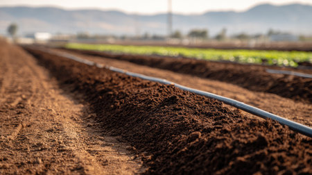 This image captures a detailed view of a modern irrigation system on a sunlit agricultural field, highlighting rich soil ready for crop growth.の素材