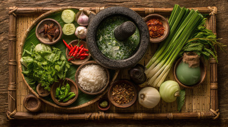 A beautifully arranged flat lay of fresh organic ingredients for cooking, including herbs, spices, and rice, highlighting the art of traditional cuisine.の素材