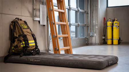 An organized storage area featuring essential firefighter equipment, including a sleeping mat, backpack, ladders, and gas cylinders, ready for emergencies.の素材