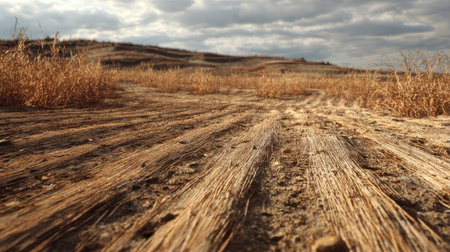 A captivating dry landscape features distinct ground textures with shadows cast by distant hills under a dramatic cloudy sky, highlighting natural beauty.の素材