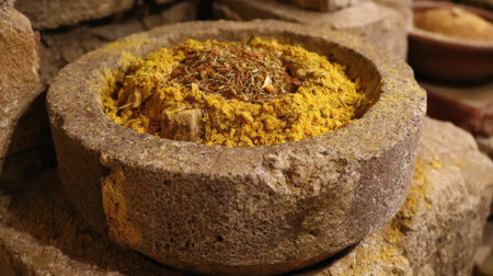 This captivating image features a rustic stone bowl overflowing with colorful spices and herbs, showcasing the beauty of traditional culinary practices.の素材