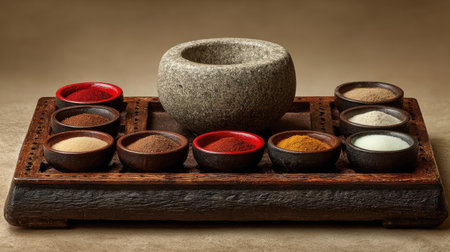 Beautiful arrangement of a stone mortar and spice bowls filled with various spices and powders on a wooden tray. Ideal for culinary enthusiasts.の素材