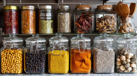 This image showcases a vibrant collection of spices and herbs stored in glass jars on a kitchen shelf, featuring wooden utensils and warm, natural light.の素材