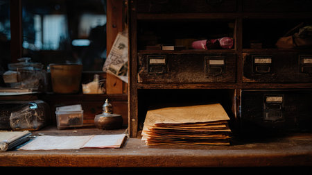 A serene vintage workspace features a wooden desk cluttered with old files, glass jars, and antique drawers, creating a warm and inviting atmosphere.の素材