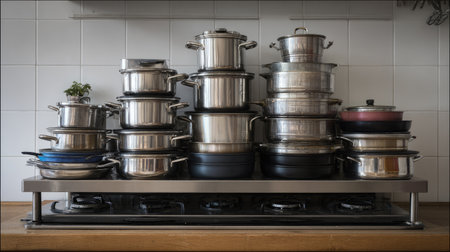 A collection of stacked stainless steel pots and pans organized neatly on a modern kitchen gas stove, showcasing a clean and functional culinary space.の素材