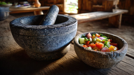 A beautiful arrangement featuring a traditional stone mortar and pestle alongside a vibrant bowl of fresh vegetable salad. Perfect for culinary enthusiasts.の素材
