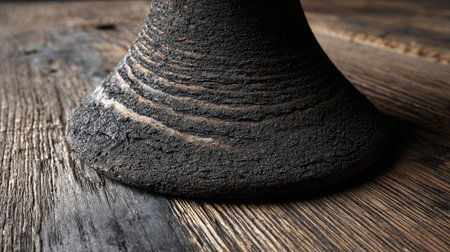 This close-up image captures the textured black surface of an artisan piece resting on a rustic wooden table, highlighting natural beauty and craftsmanship.の素材