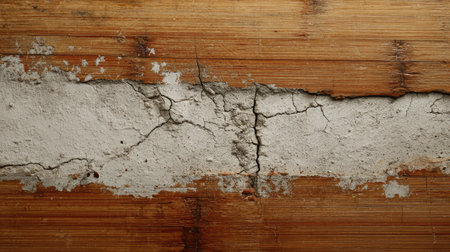 This image showcases a cracked texture on a wooden surface, highlighting the interplay of wood and concrete. The natural light reveals details and imperfections.の素材