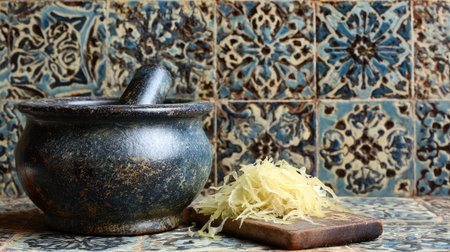 This image showcases a traditional mortar and pestle alongside freshly grated ginger, set against beautifully patterned tiles, highlighting culinary art.の素材