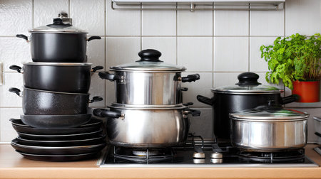 A vibrant kitchen scene showcasing an organized arrangement of stacked cookware and pots alongside fresh herbs, creating an inviting culinary atmosphere.の素材