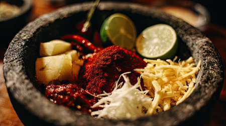 A beautifully arranged assortment of fresh ingredients, including spices and herbs in a stone mortar, showcasing the essence of traditional culinary art.の素材