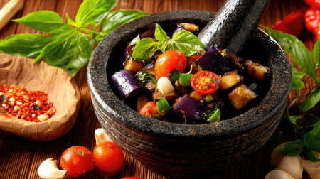 A vibrant vegetable dish prepared in a traditional mortar with basil, eggplant, and tomatoes, highlighting fresh herbs and spices on a rustic wooden surface.の素材