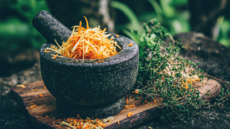 A stunning composition featuring freshly grated ginger in a traditional stone mortar, surrounded by herb sprigs on a rustic wooden surface, emphasizing natural culinary art.の素材