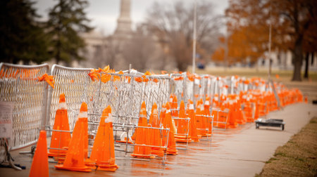A row of vibrant orange traffic cones and metal barrier fences creates a clear path in an urban setting, emphasizing safety and organization in outdoor events.の素材