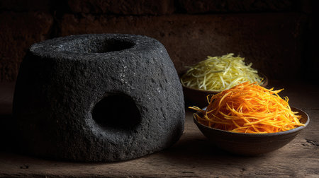 A traditional stone grinder set against a rustic wooden background features freshly grated carrots and zucchini, showcasing culinary craftsmanship and fresh ingredients ideal for cooking enthusiasts.の素材