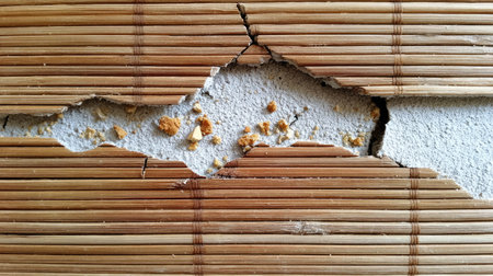 This image showcases a cracked bamboo mat revealing the textured surface beneath, highlighting the beauty and natural imperfections of home decor elements.の素材
