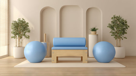 A stylish minimalist home gym setup featuring a wooden exercise bench and blue exercise balls, creating a peaceful atmosphere ideal for fitness activities and relaxation.の素材