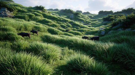 A picturesque landscape showcasing gentle rolling hills covered in lush, green grass, featuring grazing cows peacefully enjoying their natural habitat.の素材