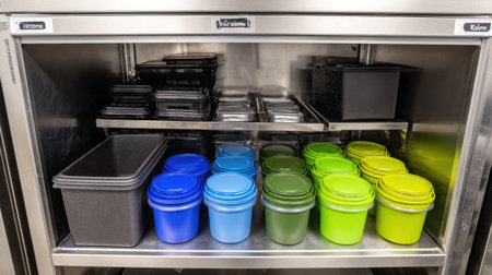 This image showcases a neatly organized collection of colorful storage containers in a metal fridge, emphasizing efficiency and modern kitchen design.の素材