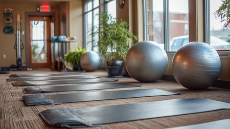 This image captures a serene fitness studio interior featuring exercise balls and yoga mats, perfect for wellness activities and group classes.の素材