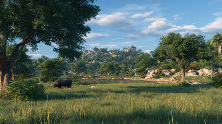 A picturesque landscape featuring expansive greenery, gentle hills, and a bright blue sky. The scene captures the tranquility of nature, ideal for outdoor enthusiasts.の素材