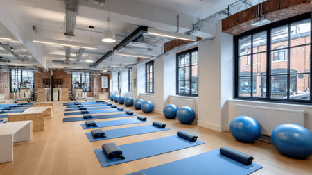 A bright and spacious yoga studio featuring exercise mats and balance balls. The clean interior design emphasizes wellness, relaxation, and fitness.の素材