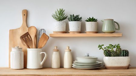 A beautifully arranged kitchen shelf featuring potted plants, wooden cooking utensils, and elegant dishware, ideal for modern home decor inspiration.の素材