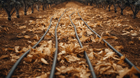 A close-up view of dried leaves scattered on irrigation hoses in an agricultural field during the autumn season, highlighting the earthy soil and lush rows of plants.の素材