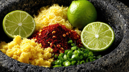 A visually striking arrangement of fresh culinary ingredients in a traditional stone mortar, showcasing lime, ginger, chili, and scallions, perfect for vibrant recipes.の素材
