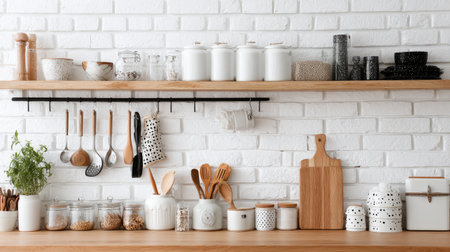 A stylish kitchen shelf displaying an array of glass jars, wooden utensils, and decorative ceramics against a white brick wall. Perfect for home cooking inspiration.の素材