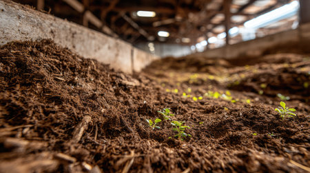 This image captures a close-up view of rich soil, showcasing small green sprouts emerging in a well-lit barn setting. Ideal for topics related to agriculture and growth.の素材