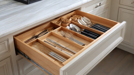An organized kitchen drawer showcases an assortment of silverware and cooking utensils, featuring wooden dividers for optimal space management and elegance.の素材