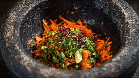A colorful mix of freshly chopped herbs and vegetables in a textured stone mortar, representing traditional cooking methods and vibrant cuisines.の素材