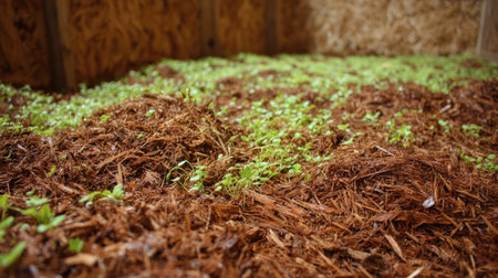 This image captures vibrant green seedlings thriving in rich, organic mulch, symbolizing the beauty of nature's growth in a carefully tended garden bed.の素材