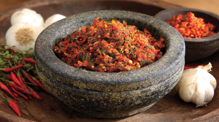 A vibrant display of fresh salsa ingredients featuring a mortar and pestle. Perfect for showcasing culinary skills and healthy cooking practices in a rustic kitchen setting.の素材