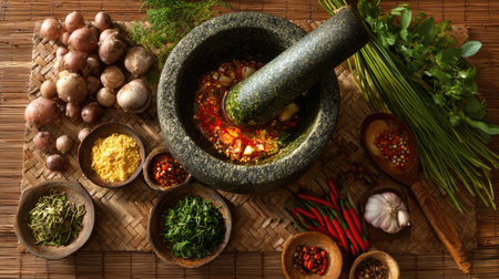 A vibrant and inviting kitchen scene featuring a stone mortar filled with fresh spices and herbs, perfect for creating savory sauces and dishes.の素材